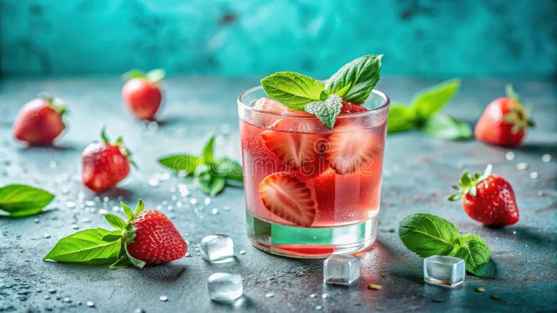 Refreshing strawberry mint iced beverage with ice cubes. Generative AI vector illustration