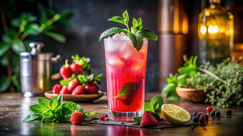 Refreshing strawberry mint iced beverage with lime garnish and fresh herbs. Generative AI stock illustration