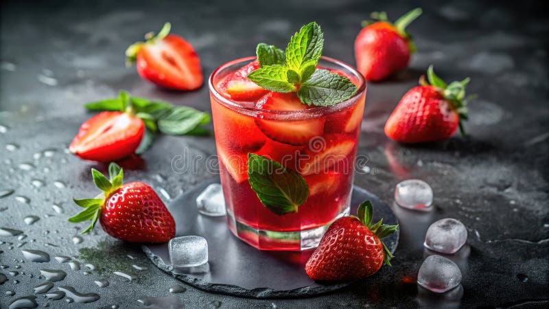 Refreshing strawberry mint iced drink with ice cubes on dark background. Generative AI stock illustration