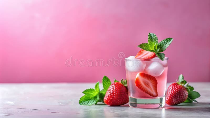 Refreshing strawberry mint iced drink with pink background. Generative AI vector illustration