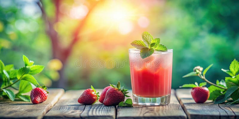 Refreshing strawberry mint iced drink on rustic wooden table in sunny garden. Generative AI stock illustration
