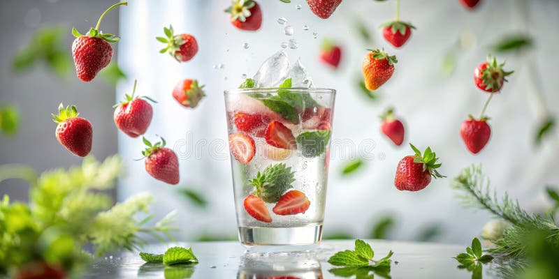 Refreshing strawberry mint iced drink with suspended berries. Generative AI vector illustration