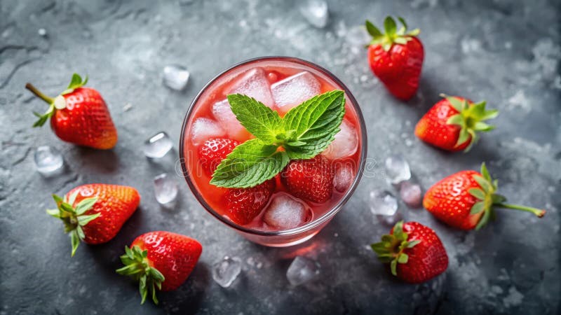 Refreshing strawberry mint iced drink with whole berries. Generative AI royalty free illustration