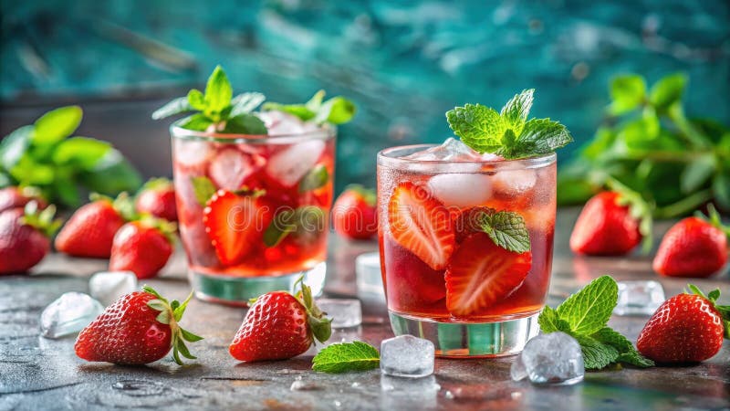Refreshing strawberry mint iced drinks with ice cubes. Generative AI royalty free illustration