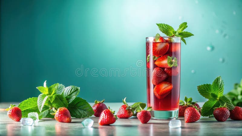 Refreshing strawberry mint infused beverage with ice cubes and fresh berries. Generative AI stock illustration