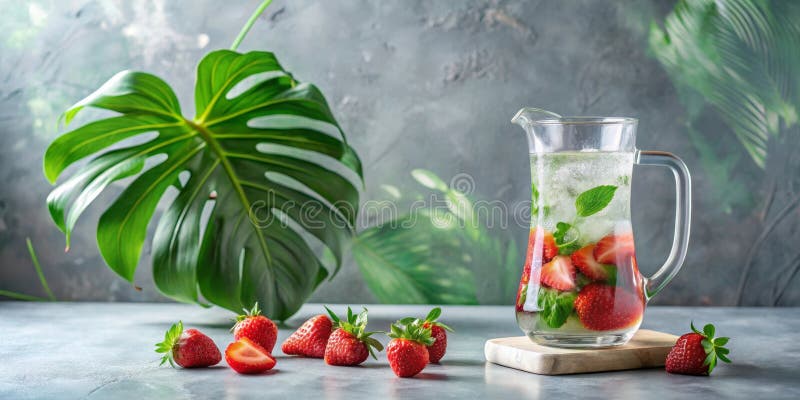 Refreshing strawberry mint infused water pitcher with fresh berries. Generative AI royalty free illustration