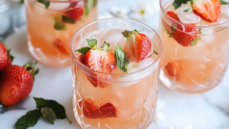 Refreshing strawberry mint lemonade in crystal glasses on marble table royalty free illustration
