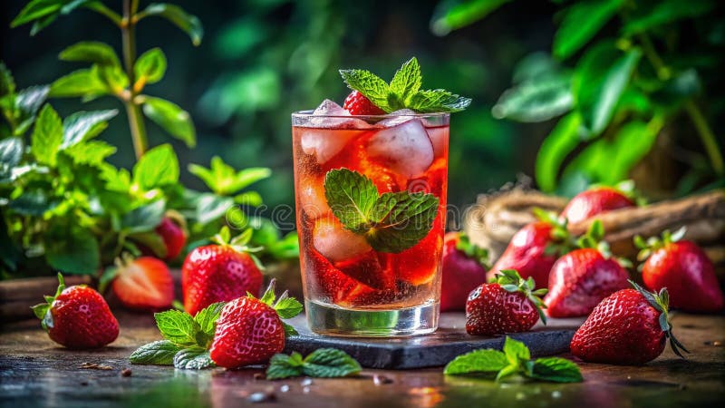 Refreshing Strawberry Mint Mocktail LowLight Garden Photography Captures Summers Coolest Drink stock illustration