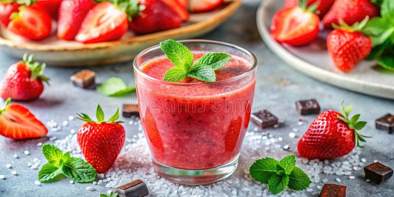 Refreshing strawberry mint smoothie with chocolate garnish. Generative AI stock illustration