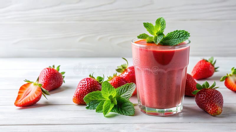 Refreshing strawberry mint smoothie in a glass with fresh berries. Generative AI vector illustration