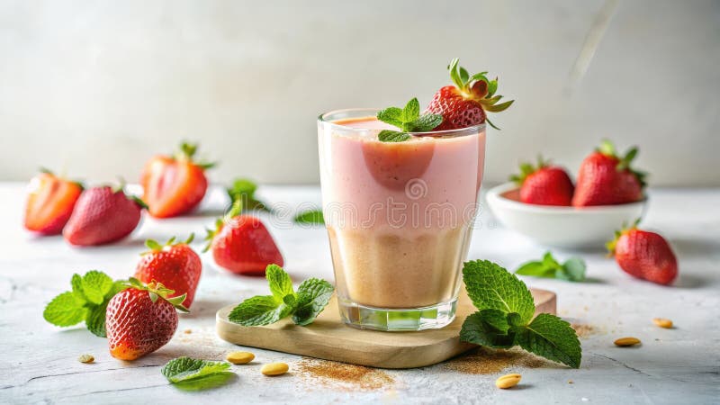 Refreshing strawberry mint smoothie in a glass with fresh berries. Generative AI royalty free illustration