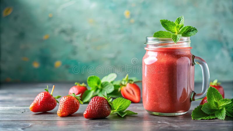 Refreshing strawberry mint smoothie in a mason jar. Generative AI vector illustration