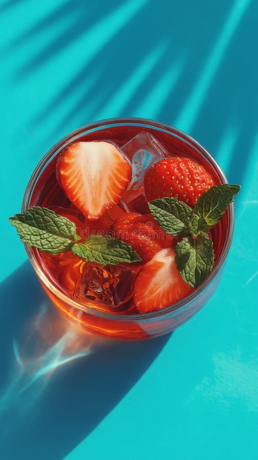 Refreshing Strawberry Mint Summer Cocktail in Teal Glass royalty free illustration