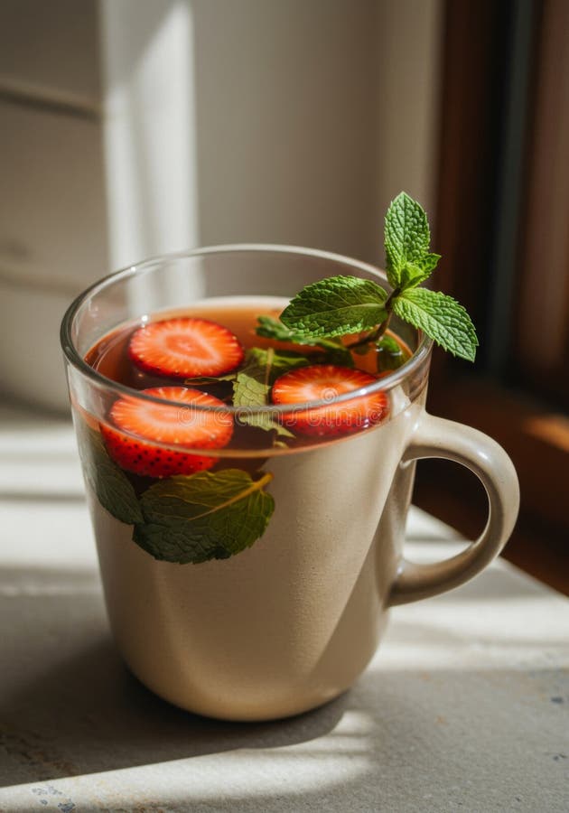 Refreshing Strawberry Mint Tea in a Brown Mug vector illustration