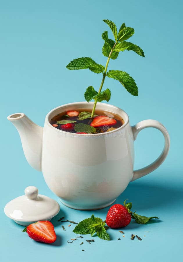 Refreshing Strawberry Mint Tea in White Teapot on Blue Background vector illustration