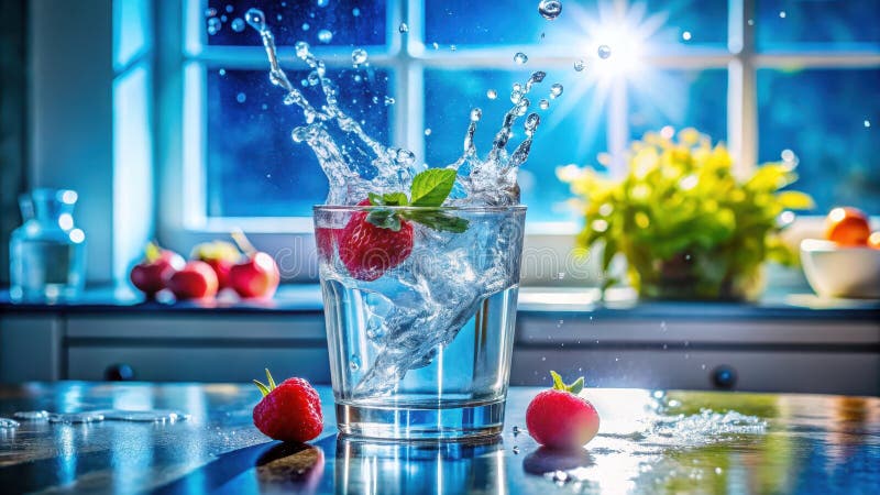 Refreshing strawberry splash in a glass of water. Generative AI vector illustration