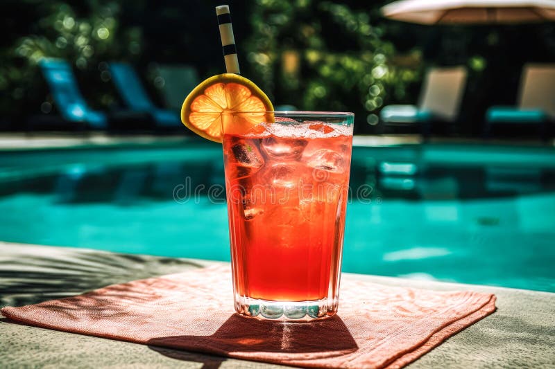 A Refreshing Summer Drink with Lemon by the Pool. Generative AI Stock