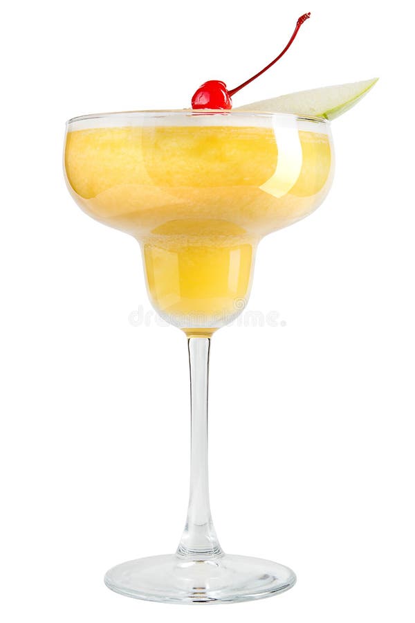 Refreshing yellow alcohol cocktail with apple and maraschino cherry slice on white background