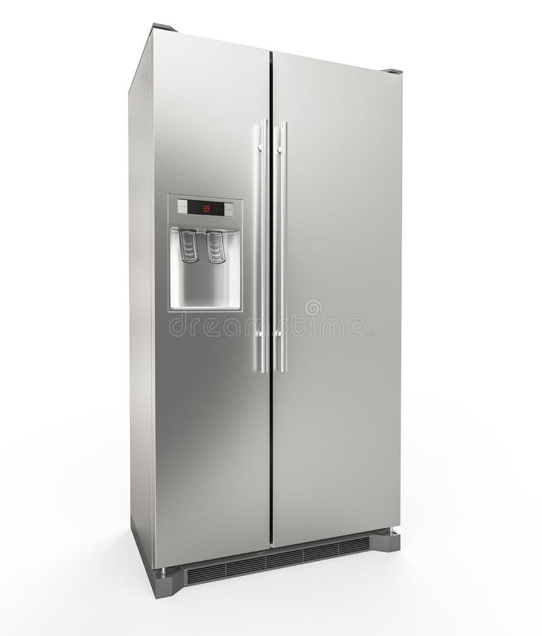 Refrigerador moderno del acero inoxidable aislado en el fondo blanco - representación 3D