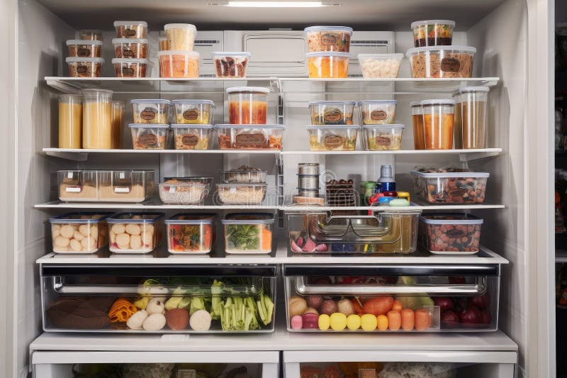 Refrigerator with Multiple Bins and Labels for Food Storage Stock Image