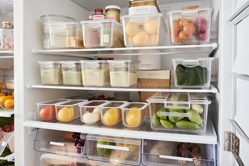 Refrigerator with Multiple Bins and Labels for Food Storage Stock