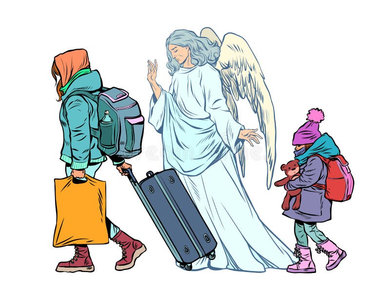 Refugee children accompanied by an angel. Escape from the war. Ukraine, Europe humanitarian crisis concept. Pop Art Retro Vector Illustration 50s 60s Kitsch Vintage Style