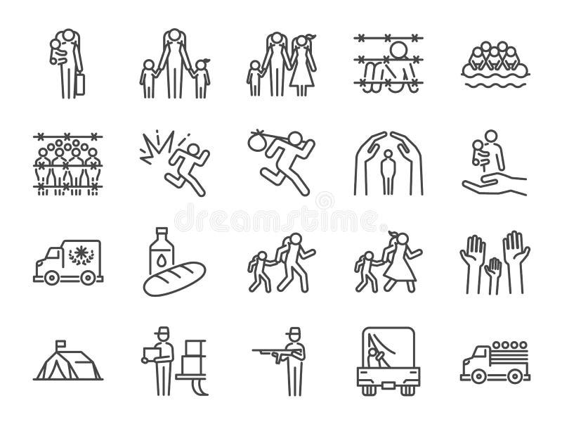 Refugee icon set. Included the icons as displaced person, asylum, shelter, evacuate, persecution, escape, international problem a