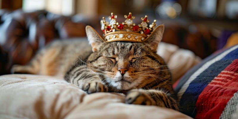 A regal cat wearing a crown lounges comfortably on a couch. AI Generative AI generated. A regal cat wearing a crown lounges comfortably on a couch. AI Generative AI generated