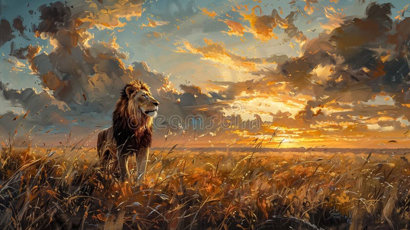 A Regal Lion Standing Tall Amidst Tall Grasses, With A Spectacular Sky Of Orange-Tinged Clouds At Sunset Rendering The Scene With A Dramatic Ambiance