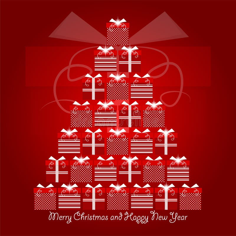 Regali di natale bianco e di rosso che formano l'albero di Natale con il Buon Natale ed i saluti del buon anno illustrazione di stock Regali di natale bianco e di rosso che formano l'albero di Natale con il Buon Natale ed i saluti del buon anno illustrazione di stock
