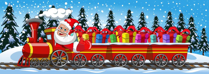 Regali di Santa Claus Delivering che guidano la neve della locomotiva a vapore illustrazione di stock Regali di Santa Claus Delivering che guidano la neve della locomotiva a vapore illustrazione di stock