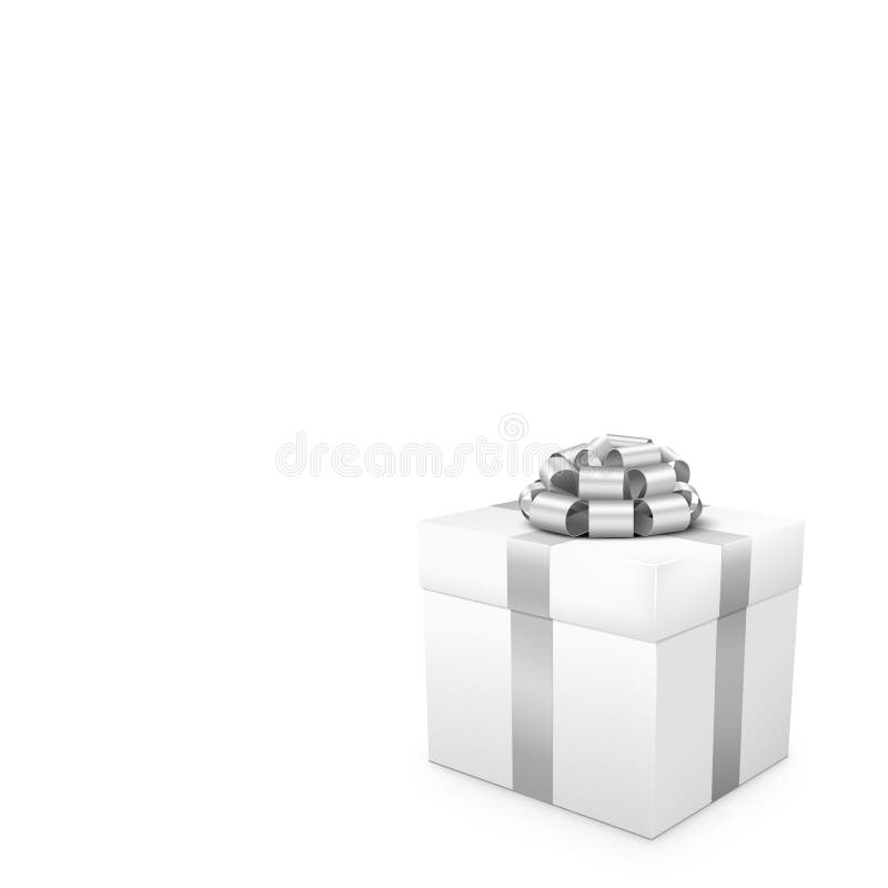 White Present with Silver Bow and Ribbon Isolated on Background - Graphic Design Template in Squarish Format with Free Space for Own Creativity and Text Elements. Useful as Voucher or Greeting Card. White Present with Silver Bow and Ribbon Isolated on Background - Graphic Design Template in Squarish Format with Free Space for Own Creativity and Text Elements. Useful as Voucher or Greeting Card