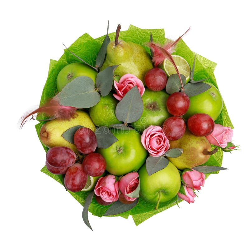 Regalo commestibile unico sotto forma di mazzo dei frutti su un fondo bianco immagini stock