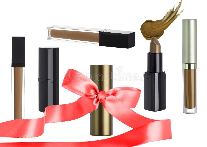Regalo cosmetico di festa messo con trucco del rossetto fotografia stock Regalo cosmetico di festa messo con trucco del rossetto fotografia stock