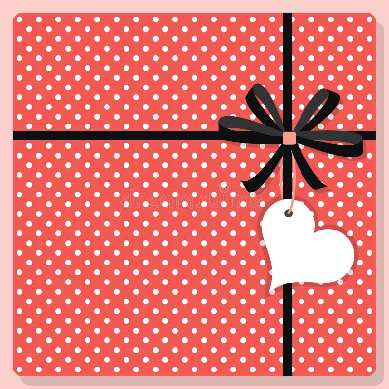 Regalo rosa e bianco sveglio del modello di pois con l'arco e l'etichetta d'attaccatura di forma del cuore illustrazione di stock Regalo rosa e bianco sveglio del modello di pois con l'arco e l'etichetta d'attaccatura di forma del cuore illustrazione di stock