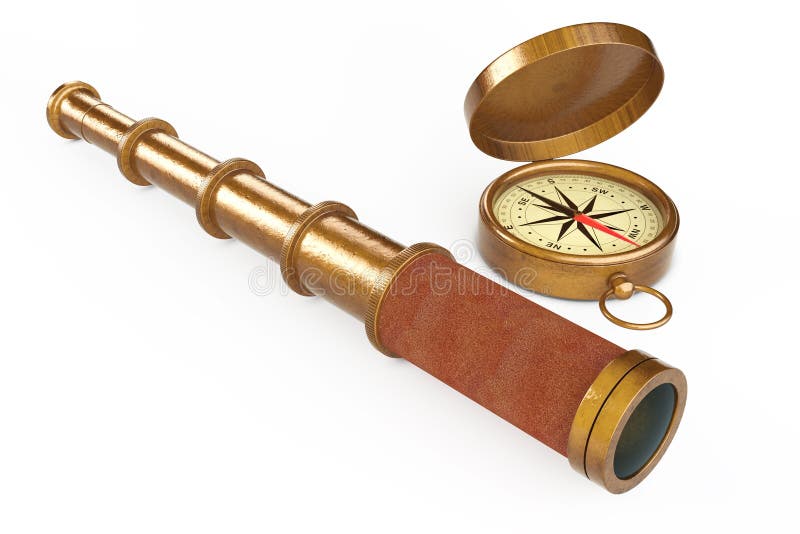 Regard d'or de télescope de vintage avec la boussole rendu 3d illustration stock Regard d'or de télescope de vintage avec la boussole rendu 3d illustration stock
