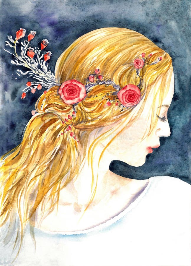 Regard féerique d'elfe de jeune et beau de fille profil de portrait, longs cheveux blonds avec les roses rouges