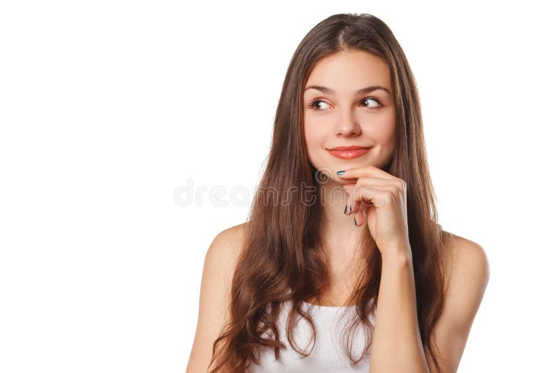 Regarder de pensée de jeune belle femme au côté l'espace vide de copie, d'isolement au-dessus du fond blanc images stock