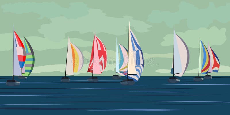 Vector illustration of cartoon sailing regatta with many yachts on horizon in green tone. Vector illustration of cartoon sailing regatta with many yachts on horizon in green tone.