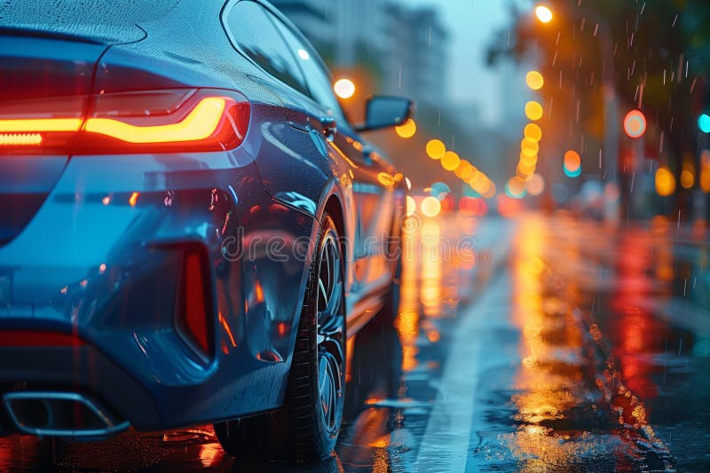 An atmospheric rainy city scene with a high-end car&#x27;s bright taillights reflecting on the wet streets AI generated. An atmospheric rainy city scene with a high-end car&#x27;s bright taillights reflecting on the wet streets AI generated