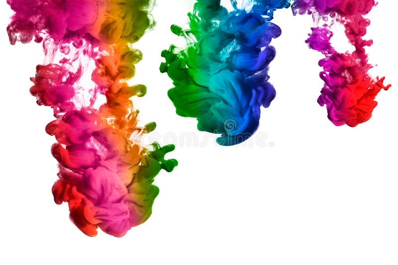 Regenbogen der Acryltinte im Wasser. Farbexplosion stockfoto