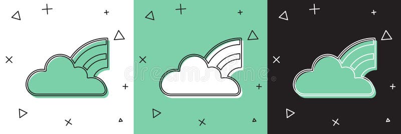 Regenbogen mit einem Wolkensymbol auf weißem und grünem schwarzem Hintergrund absetzen. Vektor lizenzfreie abbildung