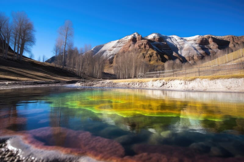 Regenbogen reflektiert die Oberfläche einer eisenreichen heißen Quelle. Regenbogen reflektiert die Oberfläche einer eironreichen heißen Quelle, die mit generativer ai erzeugt wurde