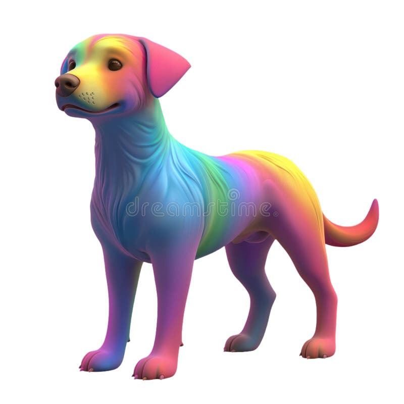 Regenbogenfarbener Hund 3D-Abbildung. Happy Welpe blickt isoliert auf transparentem Hintergrund. Hundefell gestrichen lizenzfreie abbildung