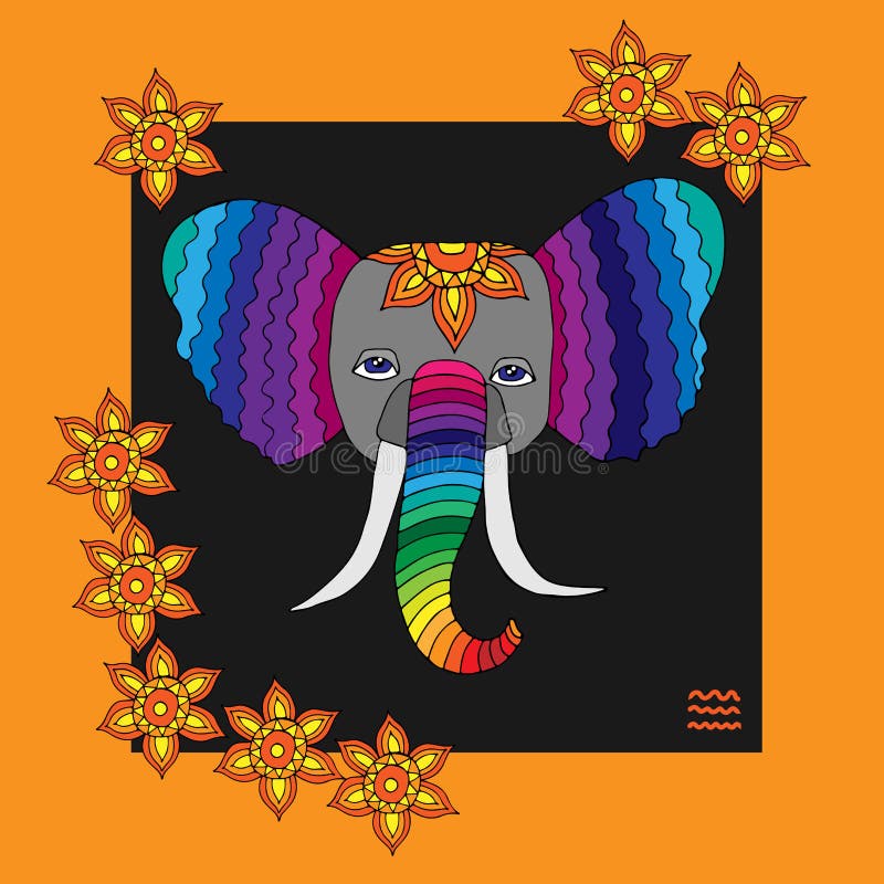 Regenbogenfarbkopf des Elefanten mit abstrakter Blume lizenzfreie abbildung