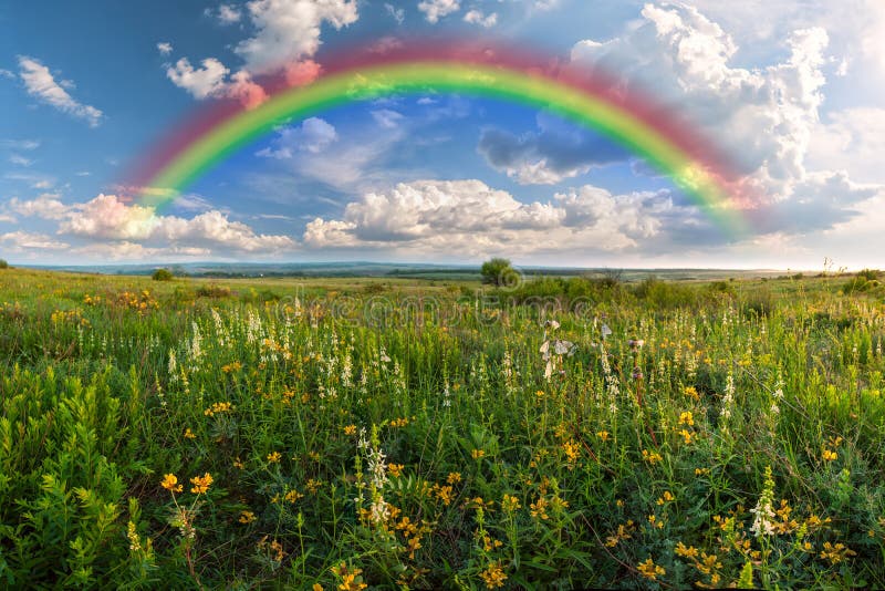 Regenboog over weide royalty-vrije stock fotografie Regenboog over weide royalty-vrije stock fotografie