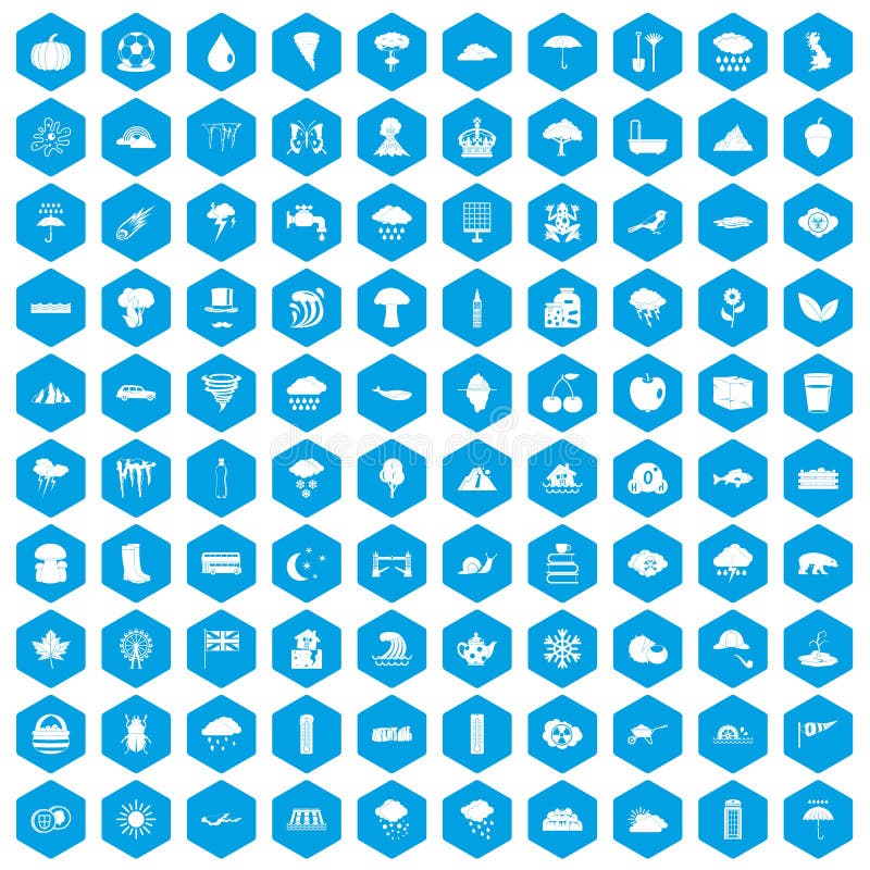 100 rain icons set in blue hexagon isolated vector illustration. 100 rain icons set in blue hexagon isolated vector illustration