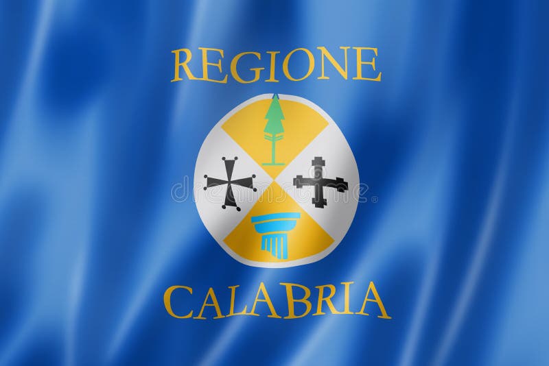 Calabria region flag, Italy waving banner collection. 3D illustration. Calabria region flag, Italy waving banner collection. 3D illustration