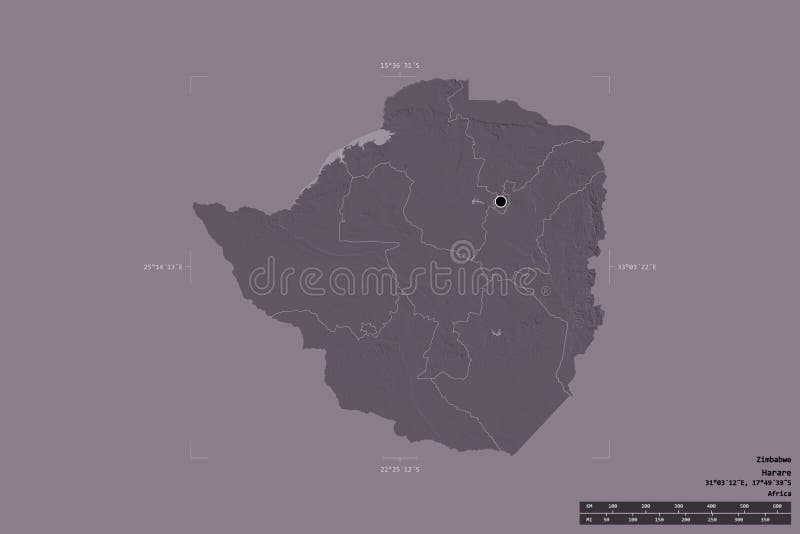 Regional division of Zimbabwe. Administrative. Area of Zimbabwe isolated on a solid background in a georeferenced bounding box. Main regional division, distance vector illustration Regional division of Zimbabwe. Administrative. Area of Zimbabwe isolated on a solid background in a georeferenced bounding box. Main regional division, distance vector illustration