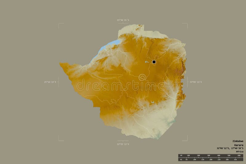 Regional division of Zimbabwe. Relief. Area of Zimbabwe isolated on a solid background in a georeferenced bounding box. Main regional division, distance scale stock illustration Regional division of Zimbabwe. Relief. Area of Zimbabwe isolated on a solid background in a georeferenced bounding box. Main regional division, distance scale stock illustration